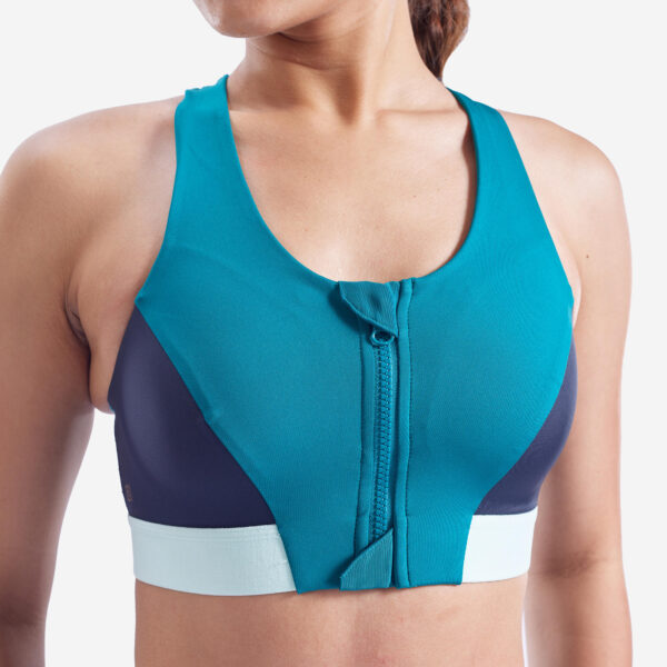 Women's Medium-Support Zipped Sports Bra - Pine Blue/Grey/Light Jade