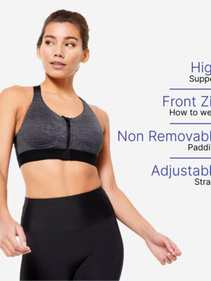 Women's High Support Zip-Up Sports Bra with Cups - Black/Grey