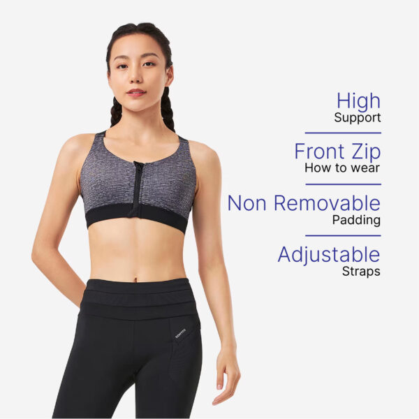 High Support Zip-Up Sports Bra with Cups, Adjustable Straps - Grey