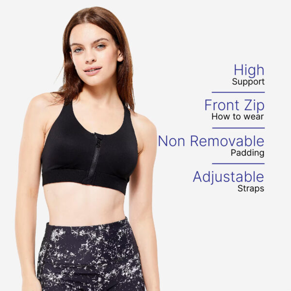 Black High-Support Zip-Up Sports Bra with Removable Cups and Adjustable Straps