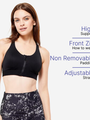 Sports Bra High Support with Zip - Black