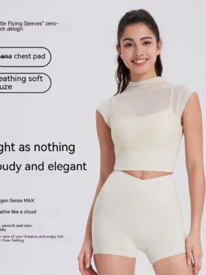 Mesh Yoga Clothes Flounced Sleeve Running Quick-drying Sports Bra With Chest Pad