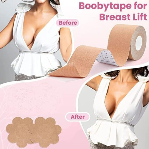 Boob Lift Tape for Women – Breast Lift & Support Tape | Waterproof, Sweatproof, Invisible Body Tape | Skin-Friendly Cotton Booby Tape with Nipple Covers for All Outfits